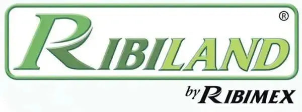 Logo Ribiland by Ribimex in verde e nero, rappresentante il marchio di attrezzature per il giardinaggio e utensili.