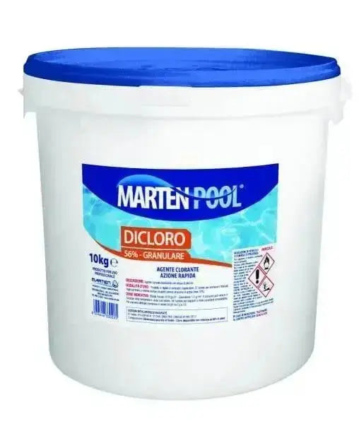 Dicloro 56% Granulare 10 kg, cloro shock a rapido scioglimento per piscine. Ideale per dosaggi d’urto e gestione quotidiana.
