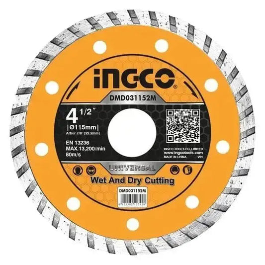 Disco diamantato Ingco da 115 mm con lama turbo a corona continua per taglio universale a secco e a umido, ideale per smerigliatrici angolari.