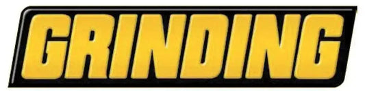 Logo GRINDING in giallo su sfondo nero, marchio associato a dischi e punte per smerigliatrici professionali per gres porcellanato.
