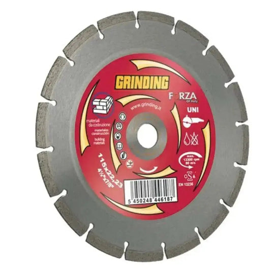 Disco grinding 115x2,0 Forza UNI con etichetta rossa, segmentato per taglio materiali da costruzione, foro 22,23 mm, Ø 115 mm.