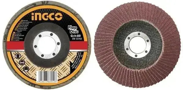 Disco lamellare Ingco grana P80 per smerigliatrici, diametro 115mm con foro Ø 22mm, ideale per levigatura metalli e superfici dure.