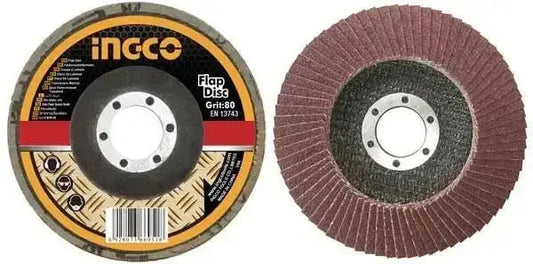 Disco lamellare Ingco grana P80 per smerigliatrici, diametro 115mm con foro Ø 22mm, ideale per levigatura metalli e superfici dure.