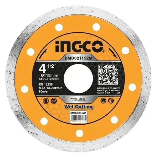 Disco liscio diamantato 115mm Ingco per tagli a umido su piastrelle, con lama da 5mm e velocità massima 13.200 giri/min, ideale per smerigliatrici.