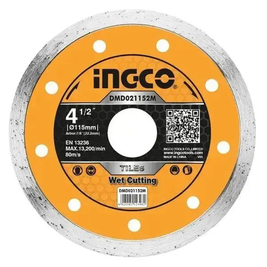 Disco liscio diamantato 115mm Ingco per tagli a umido su piastrelle, con lama da 5mm e velocità massima 13.200 giri/min, ideale per smerigliatrici.