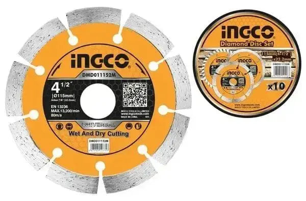 Disco segmentato diamantato Ingco da 115mm per taglio a secco e umido di ceramica, granito e calcestruzzo. Compatibile con smerigliatrici.