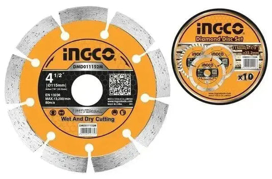 Disco segmentato diamantato Ingco da 115mm per taglio a secco e umido di ceramica, granito e calcestruzzo. Compatibile con smerigliatrici.