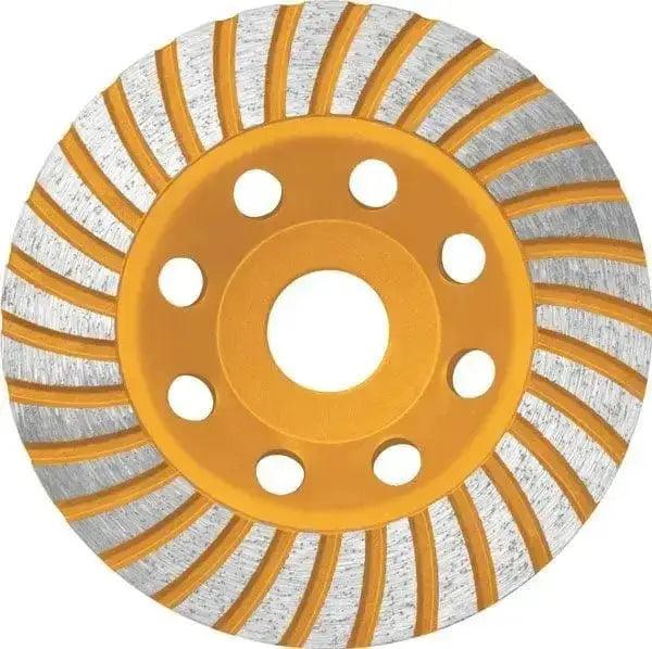Disco segmentato turbo a tazza 115mm Ingco per smerigliatrici, con lama da 20mm e design a spirale per taglio preciso e veloce su superfici dure.