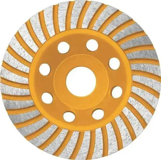 Disco segmentato turbo a tazza 115mm Ingco per smerigliatrici, con lama da 20mm e design a spirale per taglio preciso e veloce su superfici dure.