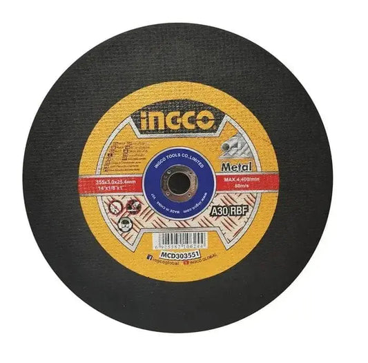 Disco taglio metallo 355mm INGCO per troncatrici, foro 25,4mm e spessore 3mm, ideale per tagli precisi su metallo fino a 4.400 giri/min.