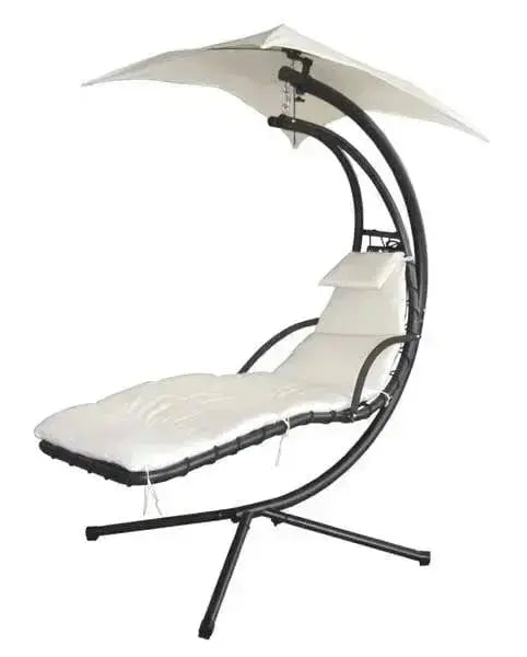 Dondolina Leaf in acciaio con struttura curva e tessuto poliestere ecrù, ideale per giardino o patio, con tettuccio parasole incluso.