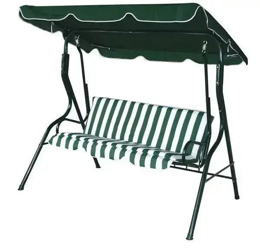 Dondolo 3 posti 170x110x153 cm con struttura verde e seduta a righe verdi/bianche in tessuto Oxford, perfetto per arredo esterno e relax.