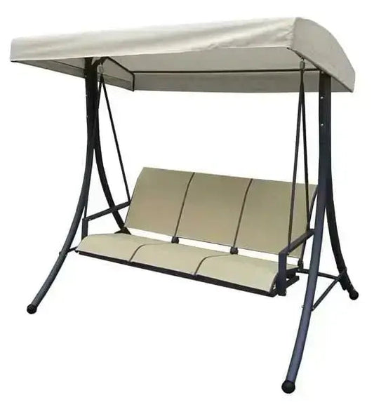 Dondolo Amalfi 3 posti beige con struttura in acciaio verniciato e seduta in textilene, ideale per giardino o patio. Tetto in poliestere beige.