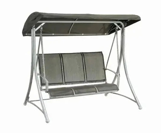 Dondolo Amalfi 3 posti grigio con telaio in acciaio e seduta in textilene resistente alle intemperie. Copertura parasole in poliestere grigio scuro.