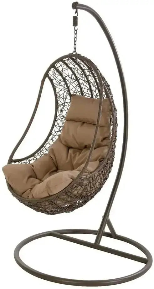 Dondolo poltrona pensile T.Rattan con struttura in acciaio verniciato marrone e cuscino tortora, ideale per arredo esterno e giardino.