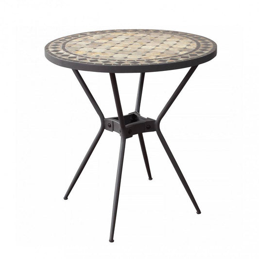 Tavolo da giardino rotondo con piano in mosaico beige e antracite, struttura in ferro verniciato nero, ideale per esterni, Ø70x72h - SKU: FE802612