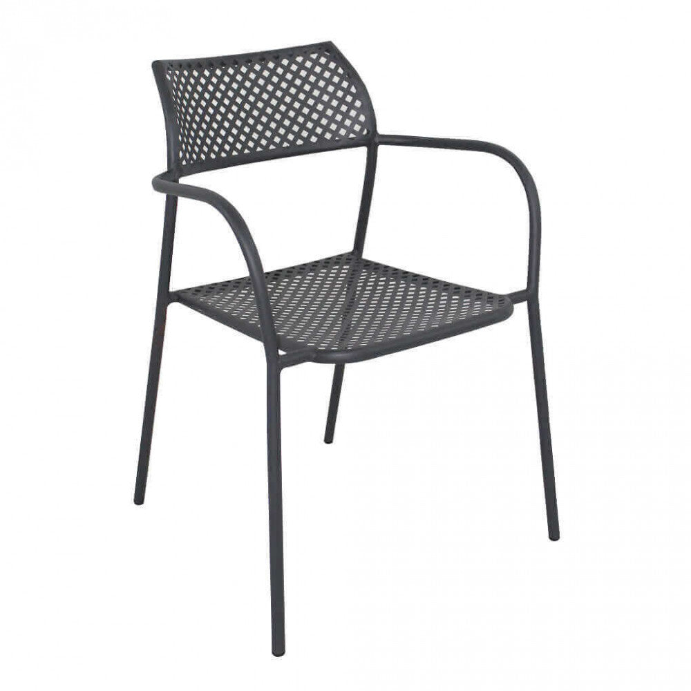 Poltrona Windsor con braccioli impilabile in acciaio verniciato a polvere colore grigio scuro, ideale per arredamento da giardino moderno.