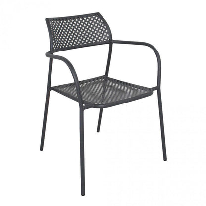 Poltrona Windsor con braccioli impilabile in acciaio verniciato a polvere colore grigio scuro, ideale per arredamento da giardino moderno.