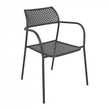Poltrona Windsor con braccioli impilabile in acciaio verniciato a polvere grigio scuro, perfetta per arredare spazi outdoor.