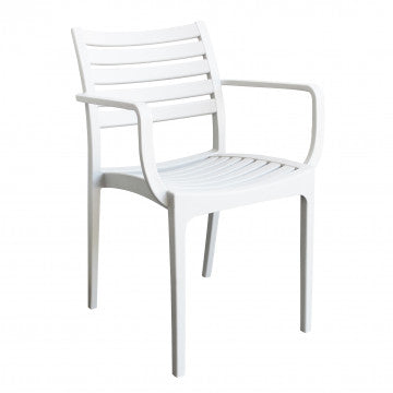 Poltrona impilabile Eveline in polipropilene bianco, perfetta per ambienti moderni. Dimensioni: 58.5x55.2x84cm.
