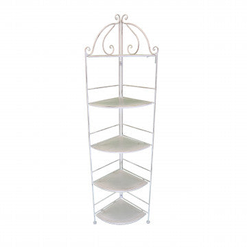 Scaffale in ferro bianco antico con 5 piani, struttura elegante con decorazioni in cima, ideale per arredare ambienti interni ed esterni.