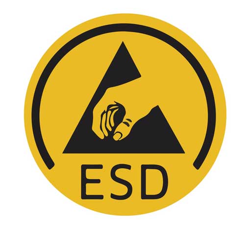 Simbolo ESD in giallo e nero che indica calzature antistatiche per protezione elettrostatica in ambienti sensibili