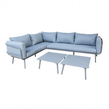 Salotto angolare con struttura in alluminio grigio scuro e cuscini