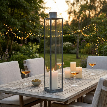 Lanterna in metallo e vetro grigio, altezza 57 cm, base quadrata 10x10