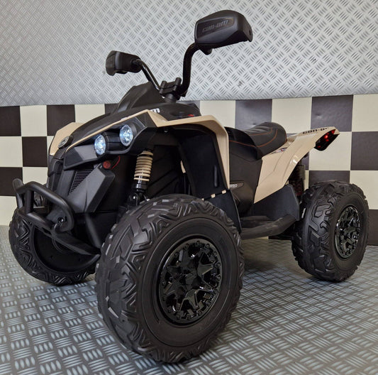 Vista frontale del quad elettrico bambini con luci LED accese, dettagli di manubrio e sedile ergonomico, colore cachi, perfetto per bambini - SKU: c4kCA002