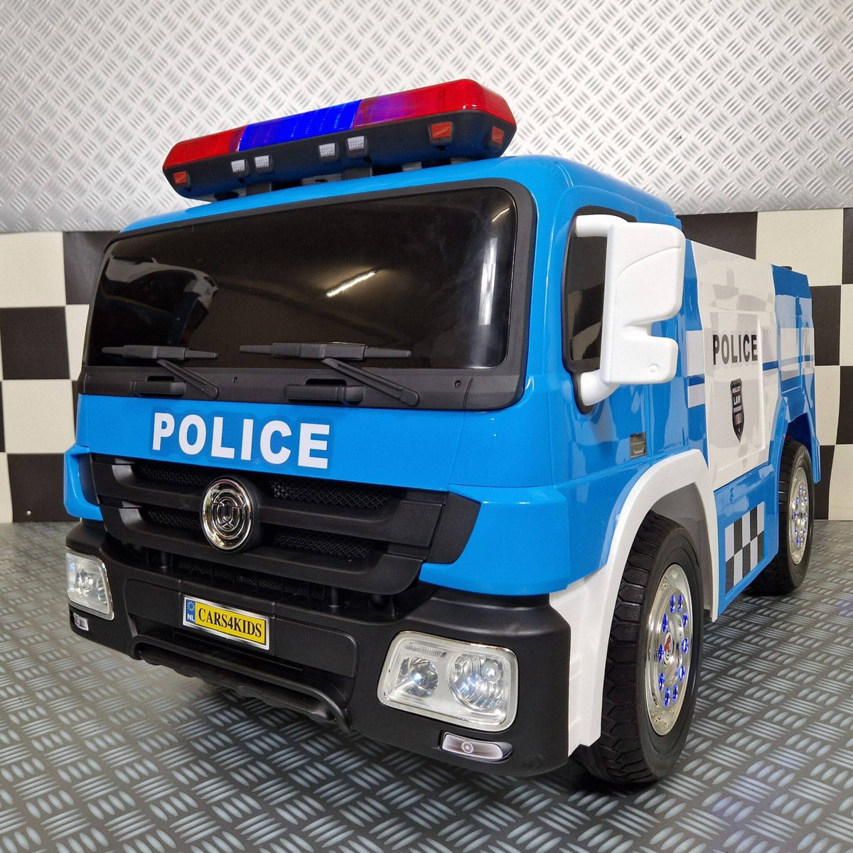Camion della polizia elettrico per bambini, colore blu con luci rosse e dettagli neri, design realistico, dimensioni compatte, perfetto per giochi all'aperto.