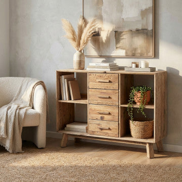 Credenza con 4 cassetti e 4 ripiani in legno di pino riciclato