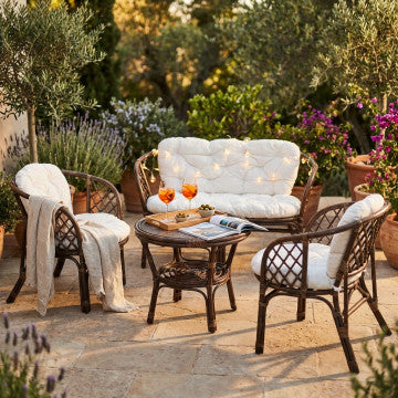 Salotto in fibra naturale wicker con cuscini cotone, marrone, 113x69 cm