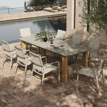 Tavolo alluminio verniciato grigio con gambe effetto legno 233-296x100x76 cm