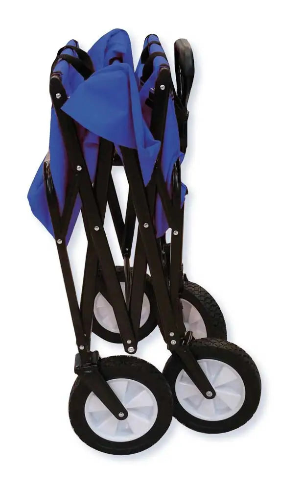 Carrello portatutto richiudibile con telaio in metallo nero, sacca blu, quattro ruote grandi e manico pieghevole, perfetto per trasporti facili.
