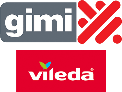 Logo Gimi e Vileda, marchi di prodotti per la casa, con immagine dello stendino pieghevole 20 metri in acciaio e plastica bianca
