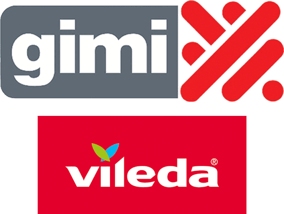 Logo Gimi e Vileda, marchi di prodotti per la casa, con immagine dello stendino pieghevole 20 metri in acciaio e plastica bianca