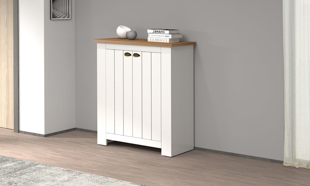 Scarpiera FIGO 2 ante battenti in bianco e rovere Wotan, design elegante e compatto, ideale per piccoli spazi, perfetta per organizzare le scarpe.