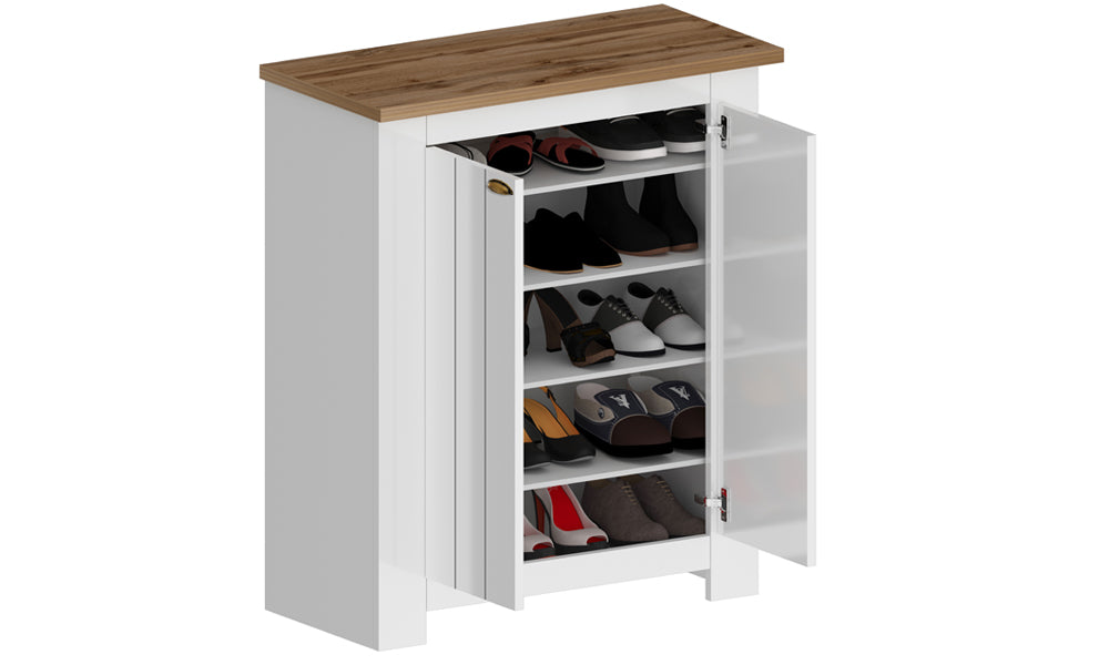 Scarpiera FIGO 2 ante battenti con ripiani interni visibili, capiente e funzionale, colore bianco e rovere Wotan, perfetta per l'organizzazione.