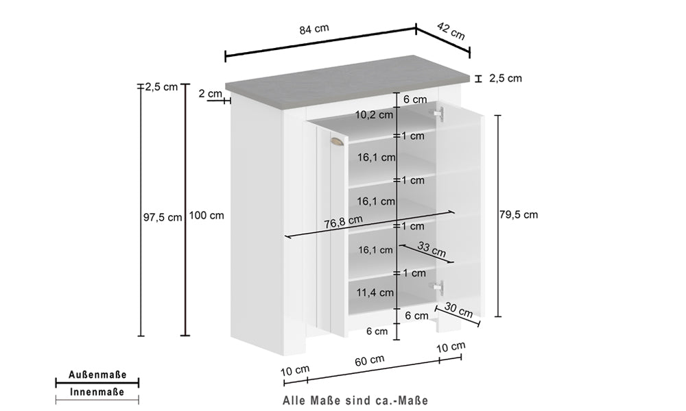 Dimensioni dettagliate della scarpiera FIGO 2 ante battenti, bianca e rovere Wotan, con misure precise per un'installazione perfetta.