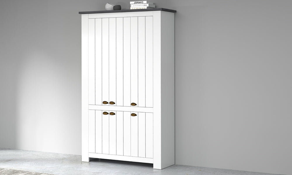 Scarpiera FIGO 6 Ante - Ampio Spazio con top grigio scuro, struttura bianca e maniglie vintage, perfetta per arredare con gusto ogni ambiente.