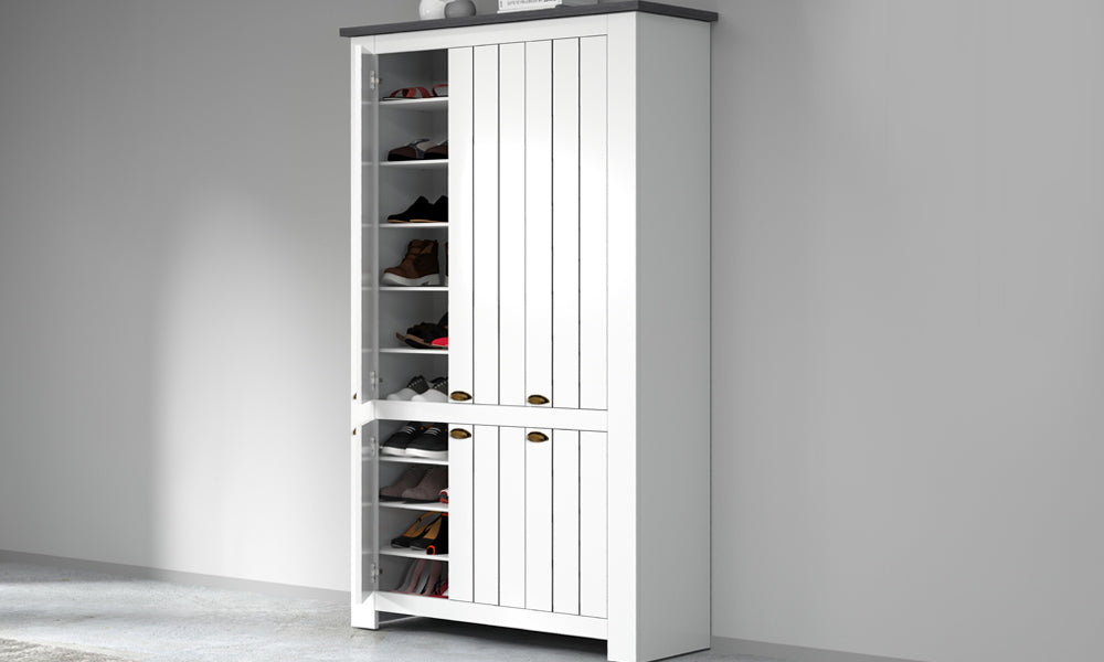 Scarpiera FIGO 6 Ante - Ampio Spazio con ante parzialmente aperte, mostra scarpe ordinate su ripiani, ideale per ottimizzare lo spazio.