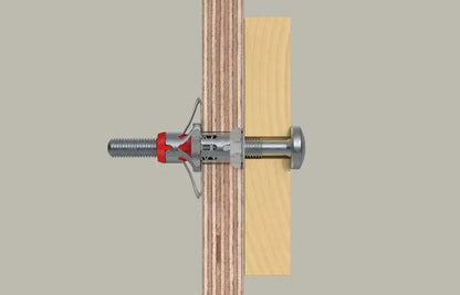 Fissaggio di un pannello di legno con tassello e vite per cartongesso, tassello in metallo con gancio di sicurezza, installato in parete in legno