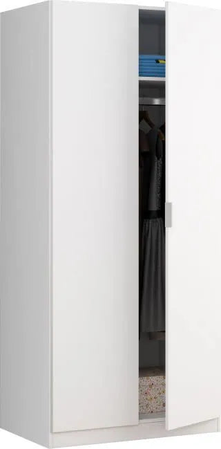 Armadio Oz a due ante in bianco opaco con asta appendiabiti e ripiano interno. Dimensioni 81x52x180h, ideale per camera da letto o ripostiglio.