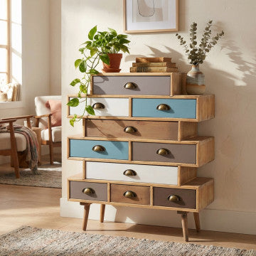 Mobiletto con struttura MDF, gambe pino, 10 cassetti colorati 80x36,5x91,5 cm