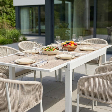 Tavolo allungabile 120/240 cm, piano vetro effetto legno, struttura alluminio