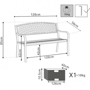 Schema tecnico della panchina in acciaio verniciato antracite con dettagli dimensioni, peso 18 kg, ideale per giardini e spazi pubblici