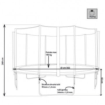 Schema tecnico del trampolino elastico con rete Ø 366 cm, struttura in acciaio zincato, portata massima 160 kg, altezza 229 cm, supporto robusto.