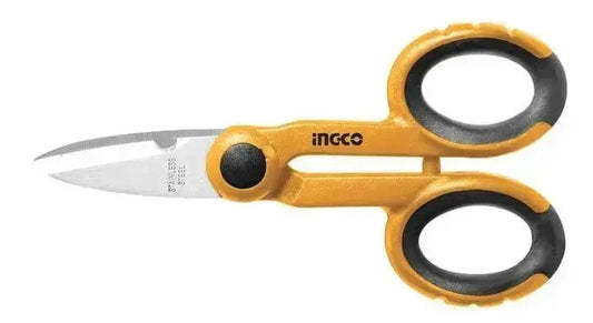 Forbici da elettricista 145 mm Ingco con lama in acciaio inox e impugnatura ergonomica gialla e nera, ideali per lavori elettrici di precisione.