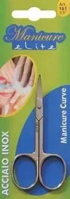 Forbici manicure curve Elite De Luc in acciaio inox Solingen con lame affilate, ideali per la cura delle unghie. Confezione blisterata per uso casalingo.