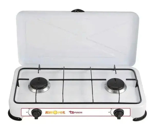 Fornello a gas da 2 fuochi con coperchio bianco e griglia smaltata, ideale per cucinare in modo pratico. Design compatto e funzionale.